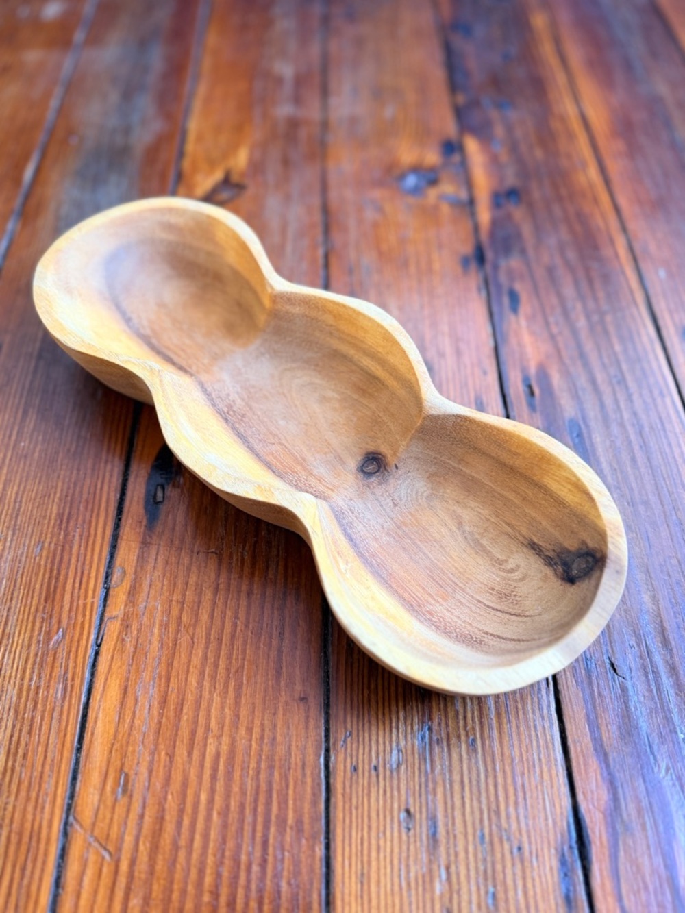 Hand-Carved 3-Section Wooden Serving Bowl - Natural Wood